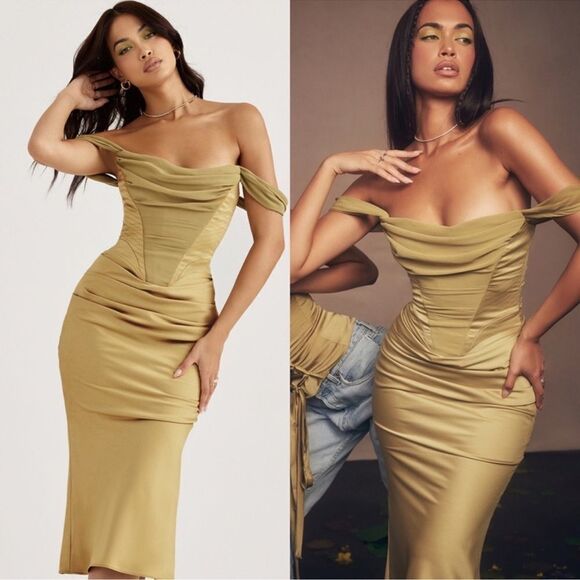 House of CB Dresses & Skirts - House of CB Natalya Olive Satin Corset Midi Dress